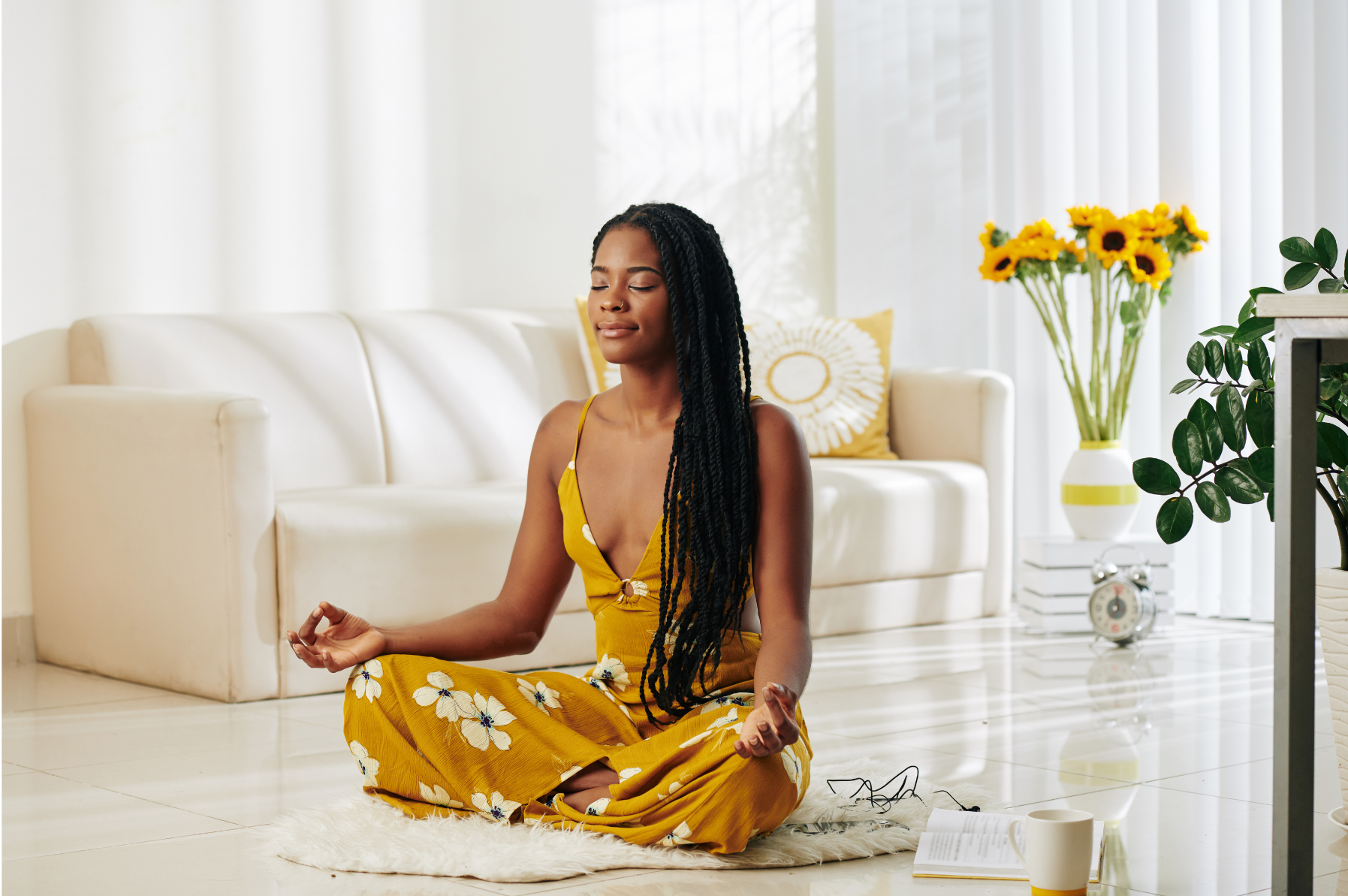 A woman engages in relaxation techniques for coping with stress     