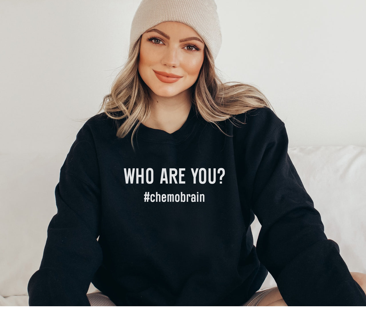 Woman modeling Who Are You sweatshirt.